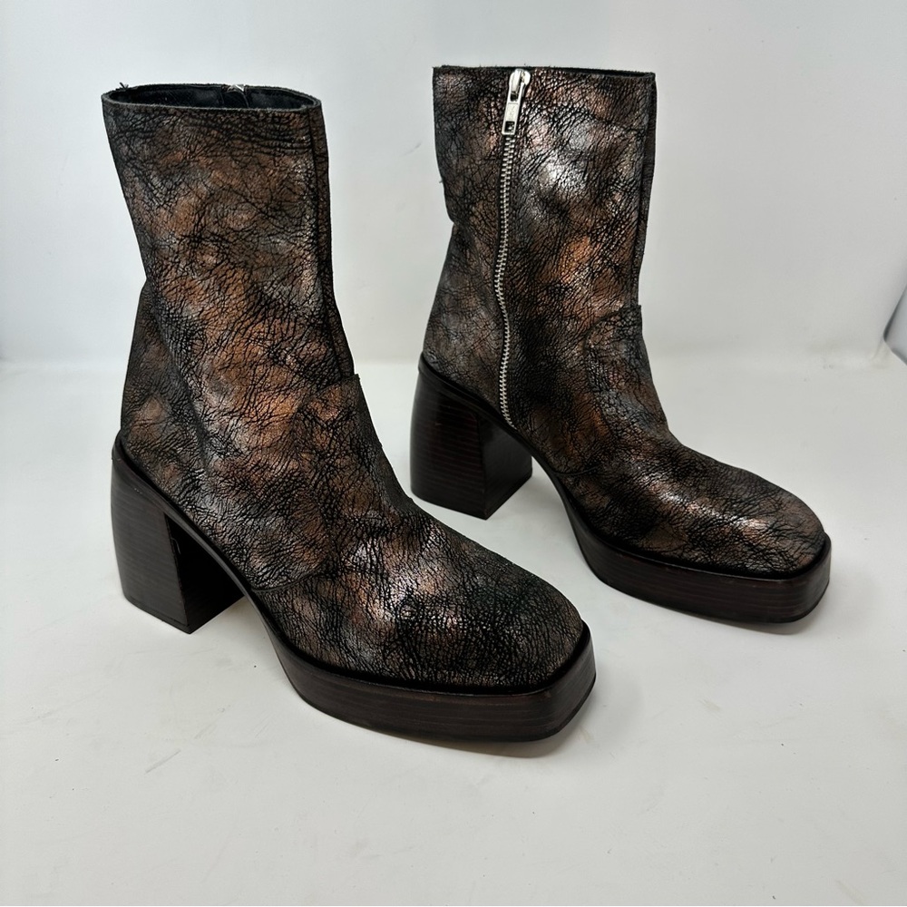 Free People Ruby Platform Brown Bronze Boots Retro Chunky Heel 70s 39.5